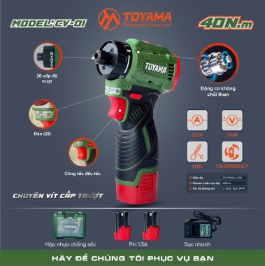 Siết vít TOYAMA - CV-01 động cơ không chổi thân, sử dụng pin 18V bảo hành 6 tháng